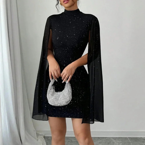 Black Party Women's Glitter Print Stand Collar Lantern Sleeve Bodycon Dress - Picture 4 of 6